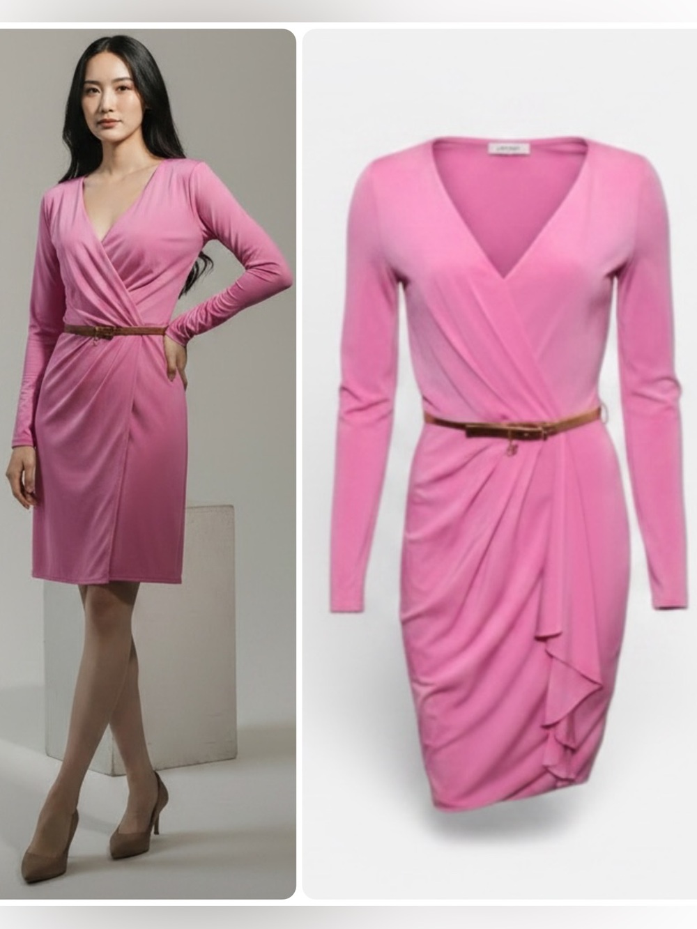 BLUMARINE Pink Long Sleeve Wrap Gold Belt Mini Dress NWT $960 Made in Italy